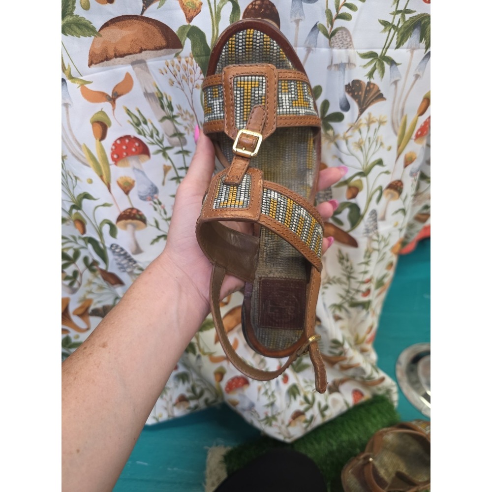 Tory Burch Florian Aztec Block Heel Sandals Tan Leather Ankle Strap Women 9 M - Picture 7 of 13